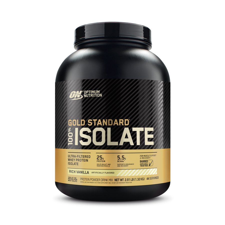 Proteína whey Optimum Nutrition Gold Standard 100% Isolate, envase de 2,91 lb (sabor Rich Vanilla en la foto)
